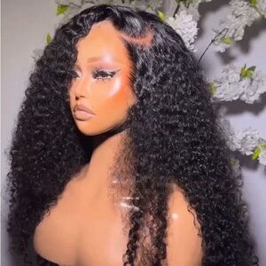 Luxurious Black Curly Hair Wig pre plucked side part